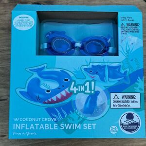 Blue Inflatable Shark Swim Set Kids (Goggles, Float, Arm Bands, Ball) Ages 3-6
